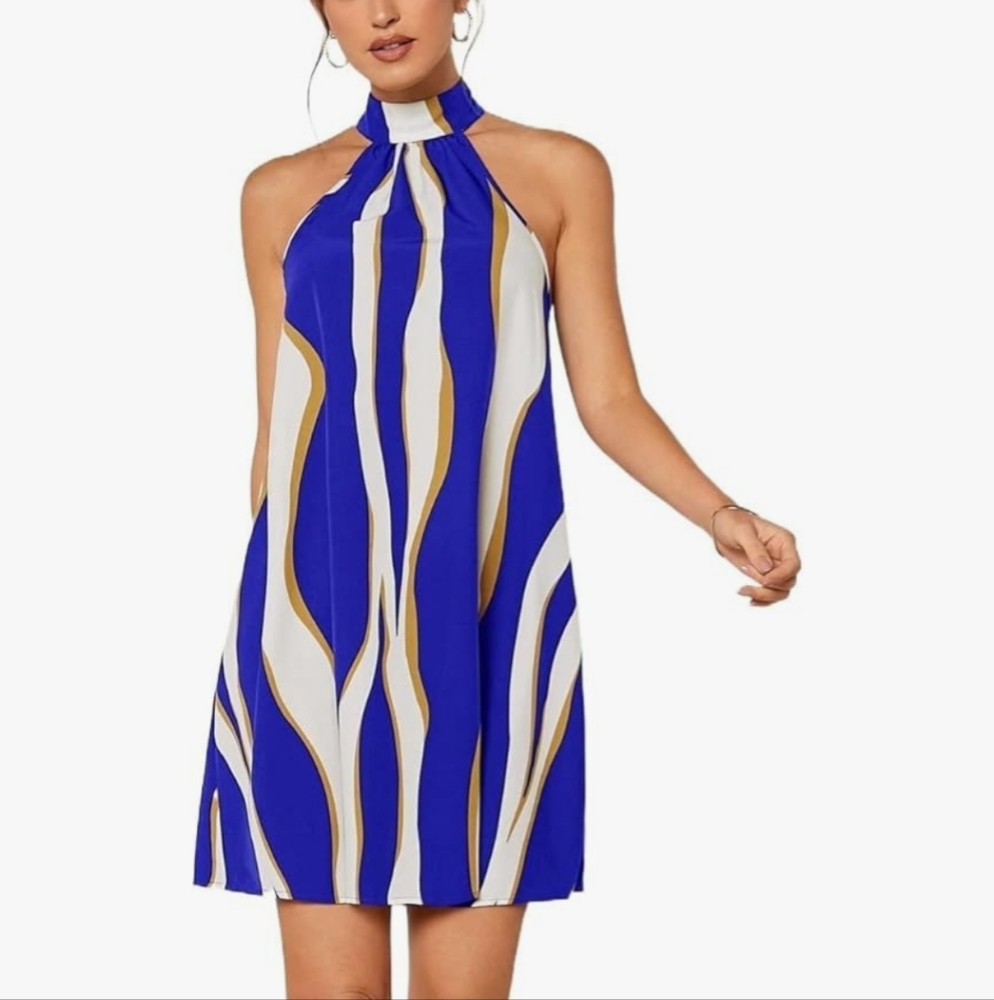 SHEIN Blue and White Halter Mini Sundress